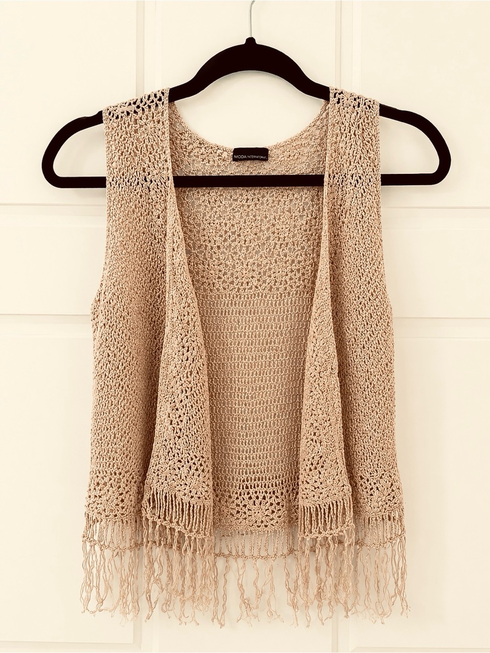 Moda International Beige Crochet Fringe Boho Open Front Vest One Size